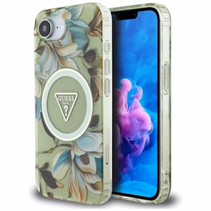 Guess IML Metal Glitter Flowers Triangle MagSafe iPhone 16e Ümbris - Roheline
