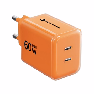 Telefonilaadija Forcell F-Energy GaN III Crystal Color, 2x USB C, AVS, SSFC3.0, 60W + silikoonkaabel USB C–USB C VT-60, oranž
