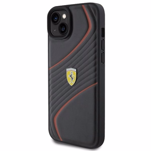 Ferrari Twist Metal Logo ümbris jaoks iPhone 15 Plus - must