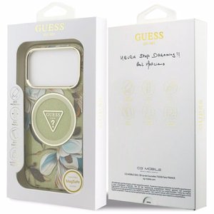 GUESS ümbris jaoks IPHONE 17 Pro Max compatible with MagSafe GUHMP17XHFLPEDN (IML Metal Glitter Flowers Triangle) roheline