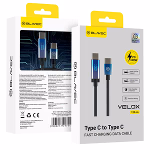 Blavec Kaabel Velox punutud - Typ C na Typ C - PD 100W 5A LED display 1,2 metra Apple CarPlay/Android Auto (CVE-CC5B12) must