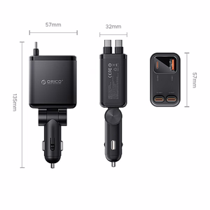 Orico Twin Reach 45W USB-A + USB-C autolaadija kahe sissetõmmatava USB-C kaabliga - must