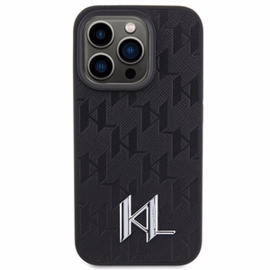 Karl Lagerfeld Leather Monogram Hot Stamp Metal Logo ümbris jaoks iPhone 15 Pro - must