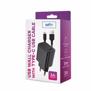 Setty laadija 1x USB 3A must + USB-C kaabel 1,0 m