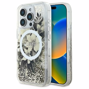 Guess Liquid Glitter Flower MagSafe iPhone 16 Pro Ümbris - Beige