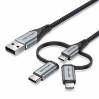 Vention USB 2.0 A Male to 3-in-1 Micro-B&USB-C&Lightning Male Cable 1M hall Aluminum Alloy Type