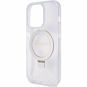 GUESS ümbris jaoks IPHONE 15 Pro compatible with MagSafe GUHMP15LHRSGSD (Glitter Script Logo Ring stand) läbipaistev