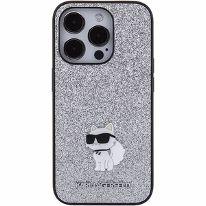 Karl Lagerfeld Fixed Glitter Choupette Logo Metal Pin Ümbris jaoks iPhone 15 Pro - hõbedane