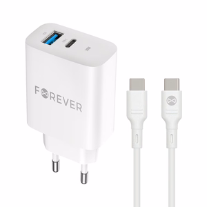 Forever TC-07-30AC PD QC laadija 1x USB-C 1x USB 30W valge + USB-C - USB-C kaabel 60W