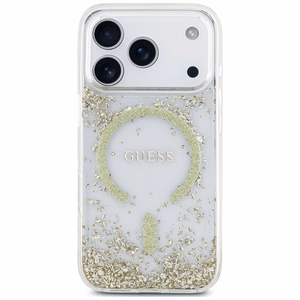 Guess Resin Bottom Glitter MagSafe ümbris mudelitele iPhone 18 Pro / 17 Pro, kuldne