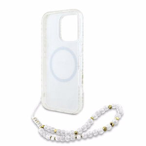 Guess IML Flowers Allover Electro With Pearl Strap MagSafe ümbris jaoks iPhone 16 Pro - valge