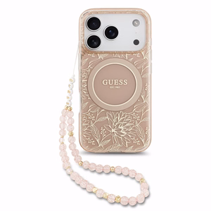 Guess IML Flowers Allover Strap MagSafe ümbris Apple iPhone 18 Pro Max jaoks, roosa
