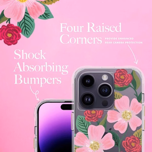 Rifle Paper Clear ümbris seadmele iPhone 14 Pro, kuldset tooni kaunistusega, Rose Garden mustriga