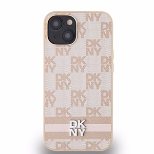 DKNY Leather Checkered Mono Pattern & Printed Stripes ümbris jaoks iPhone 15 / 14 / 13 - roosa