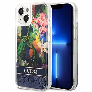 GUESS ümbris jaoks IPHONE 13 / 14 / 15 GUHCP14SLFLSB (Flower Liquid Glitter) sinine