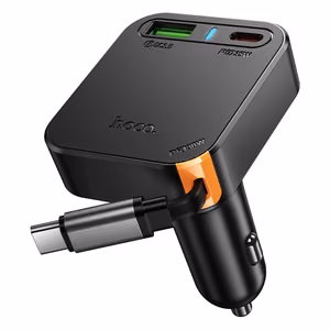 Car Laadija Hoco wit retractable Kaabel 2 x USB C + USB A QC PD 65W NZ18 must