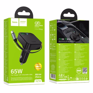 Автомобильное зарядное устройство Hoco с выдвижным кабелем 2 x USB C + USB A QC PD 65W NZ18 чёрное
