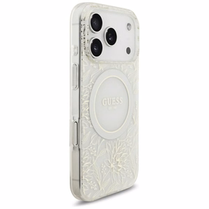 Guess IML Flowers Allover Electroplated MagSafe ümbris pärlipaelaga mudelile iPhone 18 Pro / 17 Pro – värv: valge