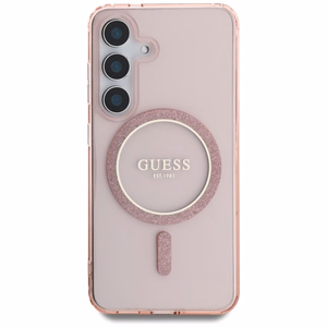 Guess Glitter Circle Classic Logo MagSafe Ümbris jaoks Samsung Galaxy S25 roosa