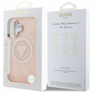Guess IML Metal Glitter 4G Circle Triangle MagSafe ümbris jaoks iPhone 16 - roosa