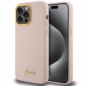 Guess Silicone Script Metal Logo & Frame чехол для iPhone 15 Pro Max - розовый