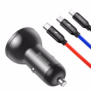 Baseus Car Laadija with display 24W + Kaabel USB 3in1 Baseus Three Primary Colors 1,2m