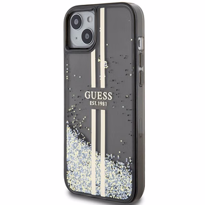 Guess Liquid Glitter kuldne Stripes ümbris jaoks iPhone 15 Plus / 14 Plus - must