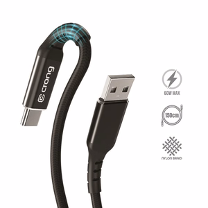 Crong Armor Link USB-A–USB-C kaabel, 1.5 m, 60 W / 3 A, must