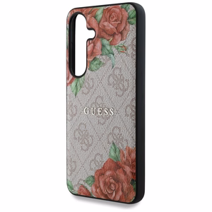 Guess Leather 4G Flowers Print Metal Classic Logo MagSafe Ümbris jaoks Samsung Galaxy S25 - roosa