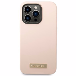 Guess Silicone Logo Plate MagSafe ümbris iPhone 14 Pro jaoks, roosa