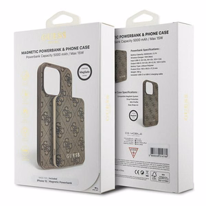 Guess 4G Metal Logo ümbris set jaoks iPhone 15 + 5000mAh MagSafe power bank - brown