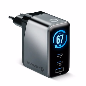 everActive GaN 67W – 67 W GaN-võrgulaadija 1× USB-A ja 2× USB-C pesaga, Quick Charge 4+, must