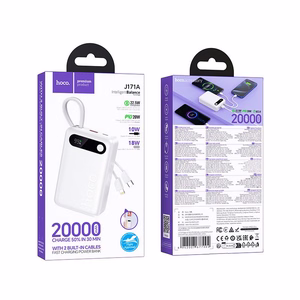 Akupank Hoco 20000 mAh QC PD 2A 22,5W sisseehitatud kaablitega USB C + Lightning J171A valge