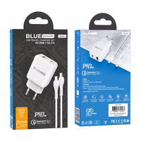 BLUE POWER Seinalaadija PD20W+QC3.0 VALGE LIGHTNING KAABEL