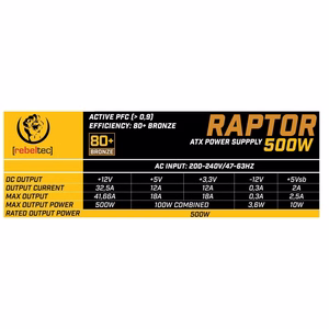 Rebeltec ATX-toiteplokk RAPTOR 500W 80+ Bronze, Single Rail, DC-DC