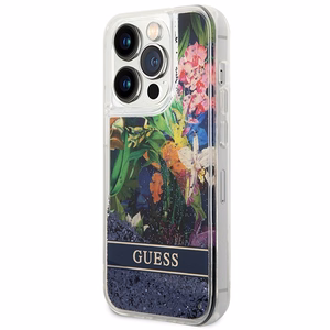 Guess Flower Liquid Glitter ümbris jaoks iPhone 14 Pro Max - sinine