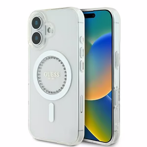 Guess IML Rhinestones MagSafe Ümbris jaoks iPhone 16 Plus - valge