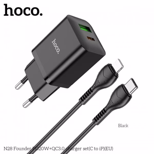 Laadija Hoco N28 must (PD20W / QC3.0) + Type-C / Lightning 100cm kaabel