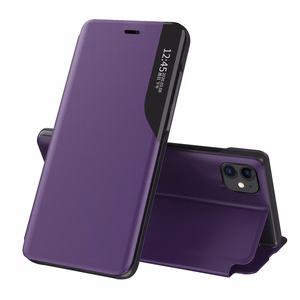 Eco Leather View Case elegantne raamaturiiuli tüüpi ümbris koos jalutusalusega iPhone 13 Pro Max lillakale