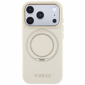 Guess Grained Classic Logo ümbris seadmele iPhone 18 Pro / 17 Pro, 360° rõngastoega, MagSafe-ühilduv – beež