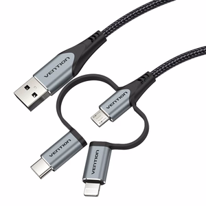 Vention USB 2.0 A Male to 3-in-1 Micro-B & USB-C & Lightning Male kaabel 1 m, hall alumiiniumsulami tüüp