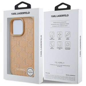 Karl Lagerfeld Leather Monogram Metal Logo MagSafe iPhone 16 Pro Ümbris - Beige