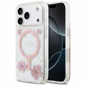 Чехол GUESS для IPHONE 17 Pro совместимый с MagSafe GUHMP17LRBFGFGMP (Resin Flowers and Glitter) розовый