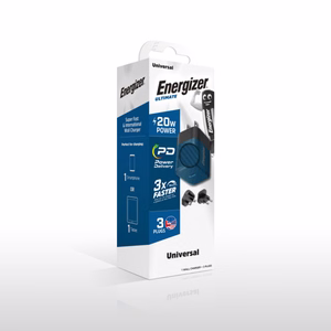Energizer Ultimate A20MUBL GaN reisilaadija EU / UK / US pistikutega, USB-C, 20 W PD, sinine
