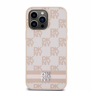 DKNY Leather Checkered Mono Pattern & Printed Stripes ümbris jaoks iPhone 14 Pro Max - roosa