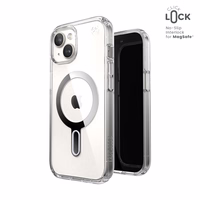 Speck Presidio Perfect-Clear ClickLock & MagSafe - iPhone 17e / 16e / 15 / 14 / 13 ümbris (Clear / Chrome Finish / Serene hõbedane)