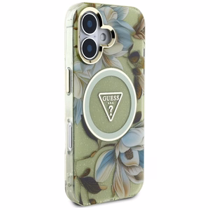 GUESS ümbris jaoks IPHONE 16 compatible with MagSafe GUHMP16SHFLPEDN (IML Metal Glitter Flowers Triangle) roheline