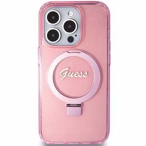 Guess Ring Stand Script Glitter MagSafe ümbris jaoks iPhone 15 Pro Max - roosa