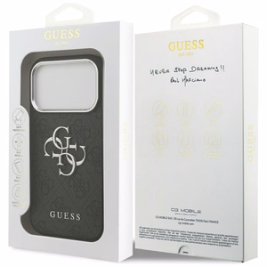 GUESS ümbris IPHONE 17 Pro GUHCP17LP4G4SMCK jaoks (4G PU-nahast ümbris suure 4G ja klassikalise logoga ning hõbedase metallist kaameraraamiga), must