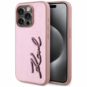 Karl Lagerfeld Wrinkled Metal Signature iPhone 15 Pro Ümbris - Roosa